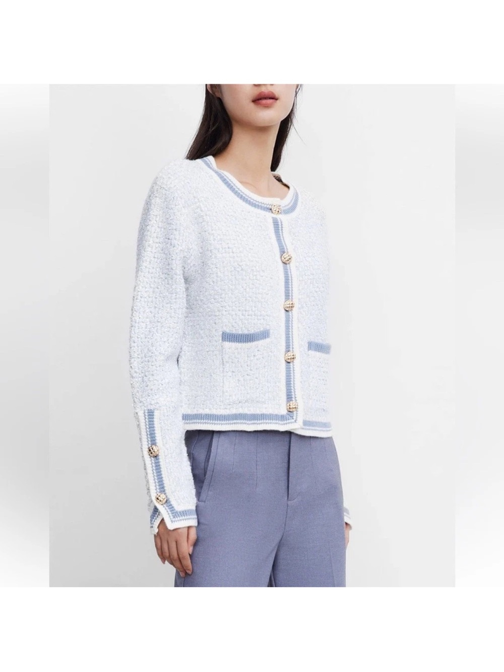 Urban Revivo Tweed Knit Cropped Cardigan Jacket Blue Gold Button Sz 4 Small
